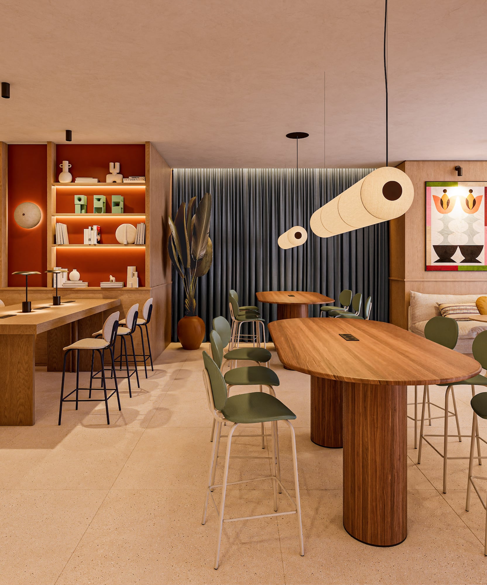 Modern communal lounge with high tables, bar stools, bookshelves, and abstract art.