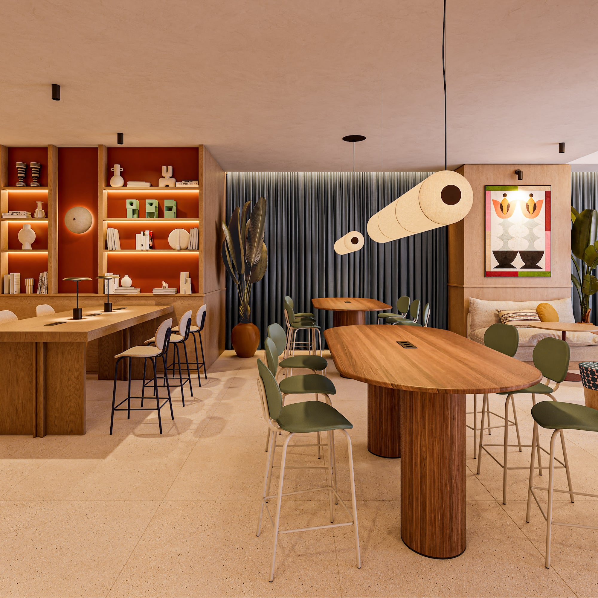 Modern communal lounge with high tables, bar stools, bookshelves, and abstract art.
