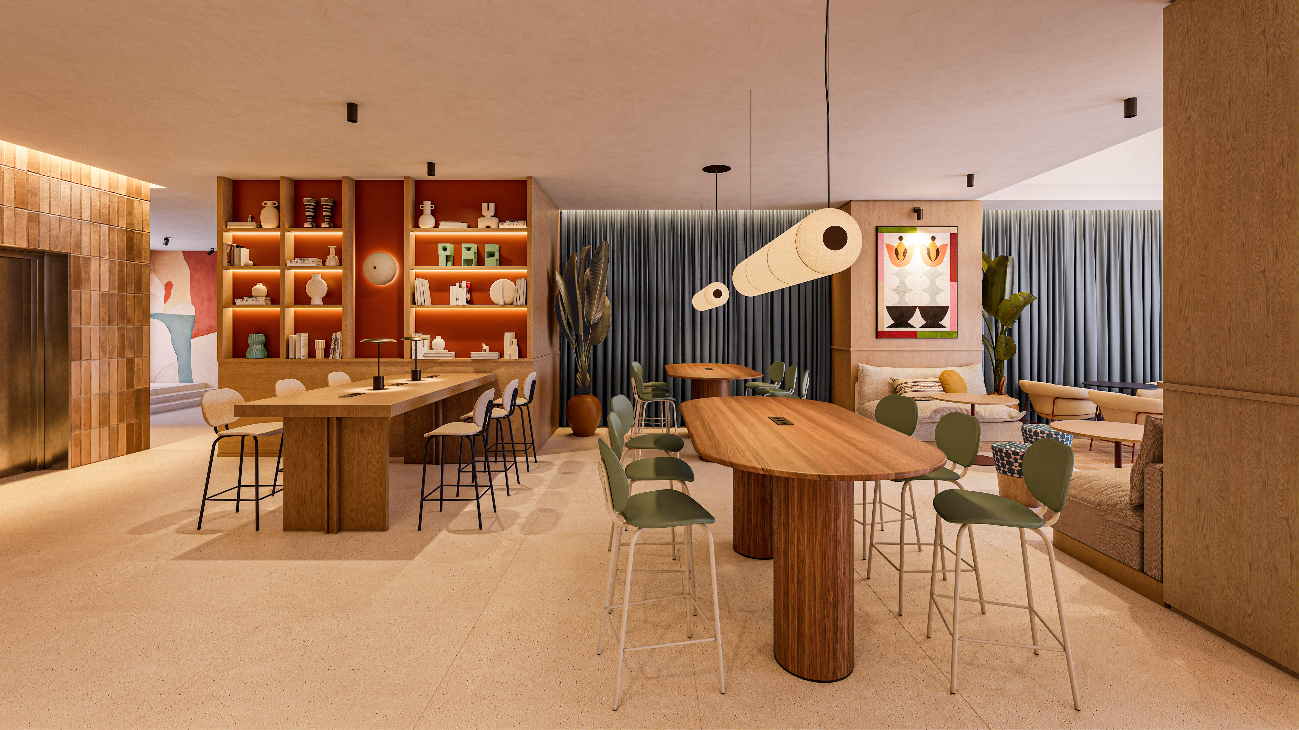 Modern communal lounge with high tables, bar stools, bookshelves, and abstract art.