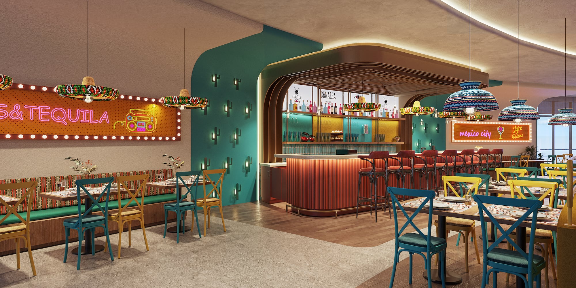 a room with a large table and chairs