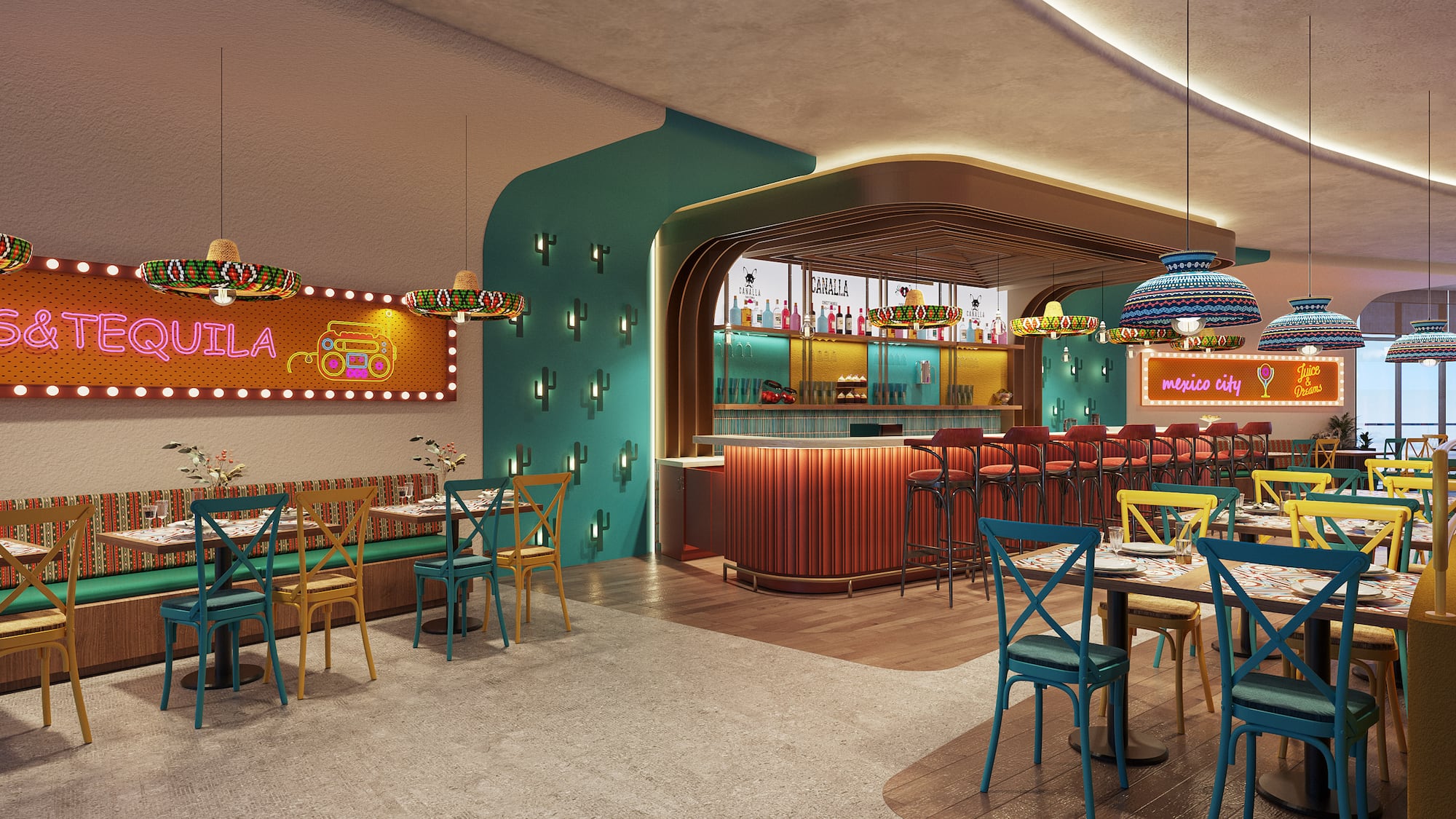 a room with tables and chairs