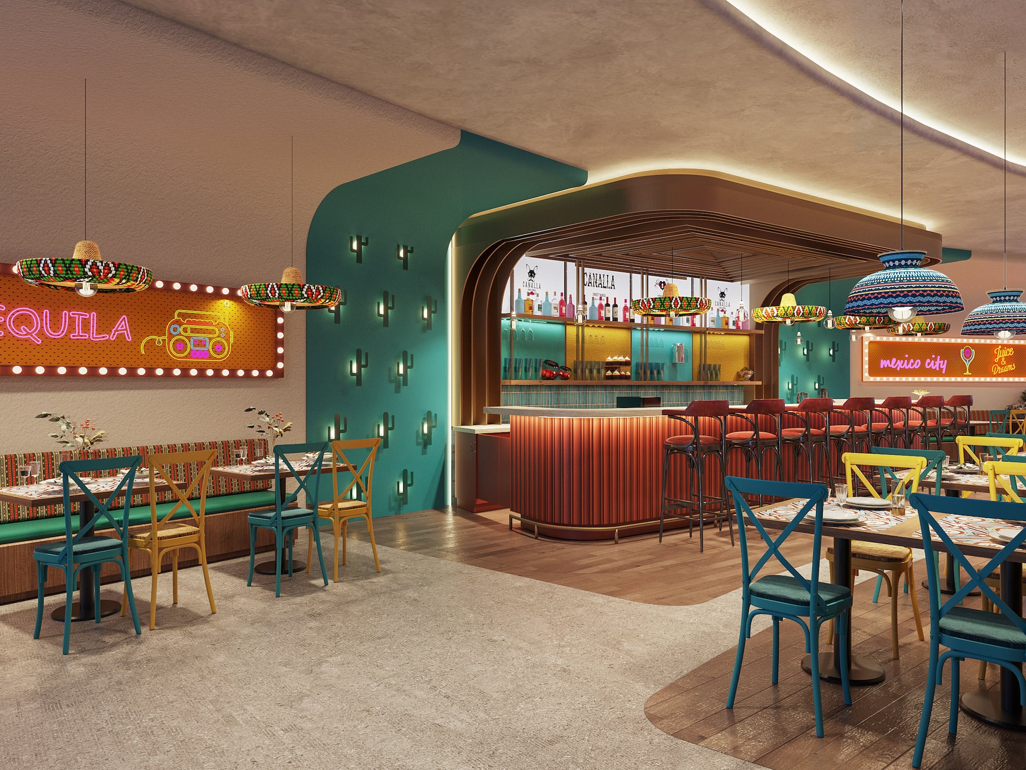 Vibrant Mexican bar and restaurant interior with neon "S&TEQUILA" sign.