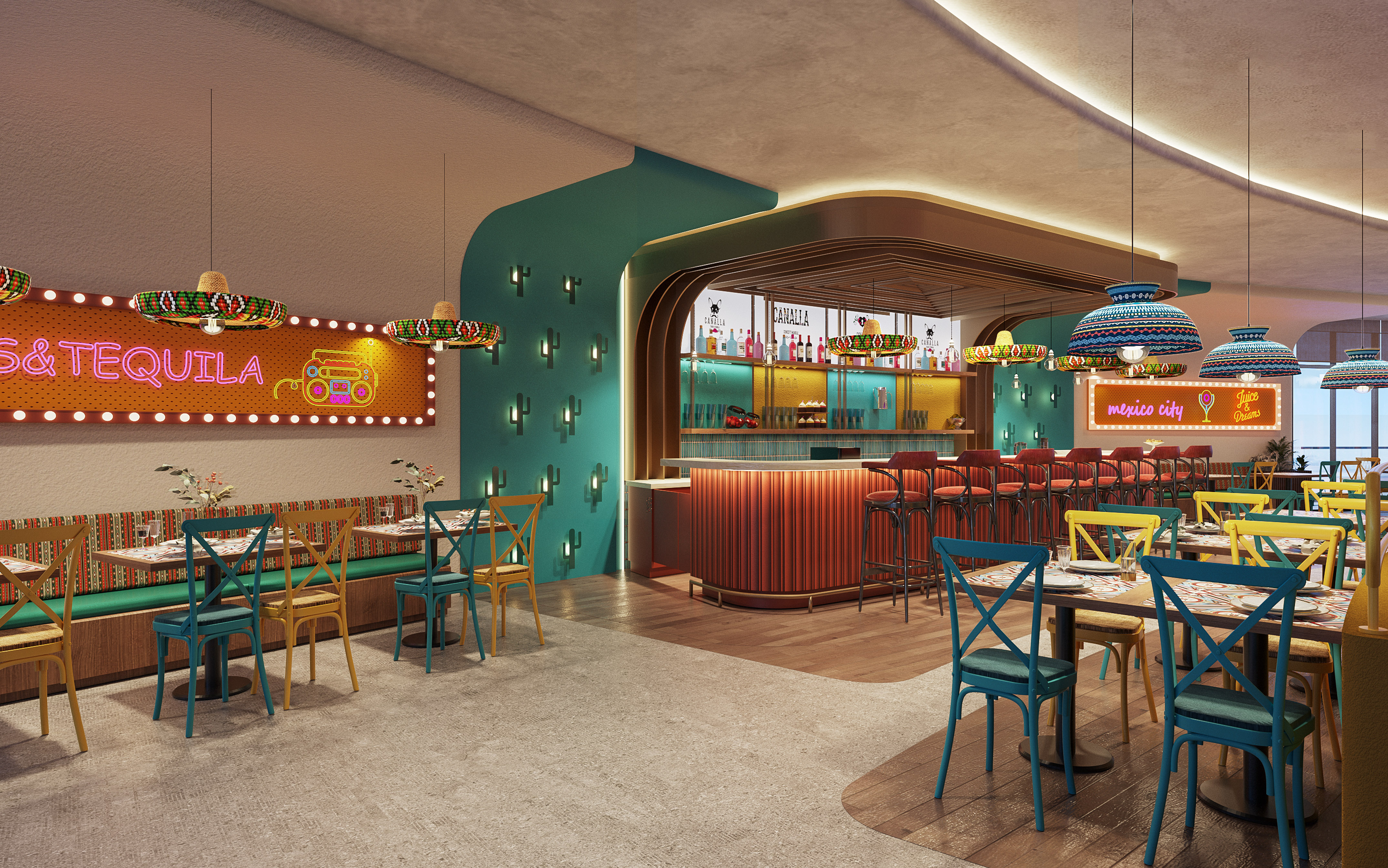 Vibrant Mexican bar and restaurant interior with neon "S&TEQUILA" sign.