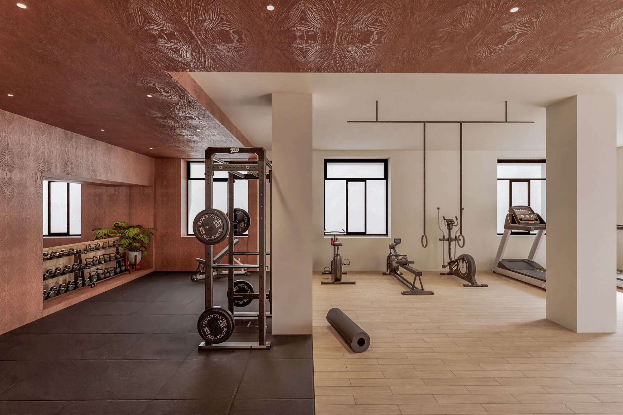 Gimnasio moderno con pesas, máquinas cardiovasculares y zona de entrenamiento funcional.
