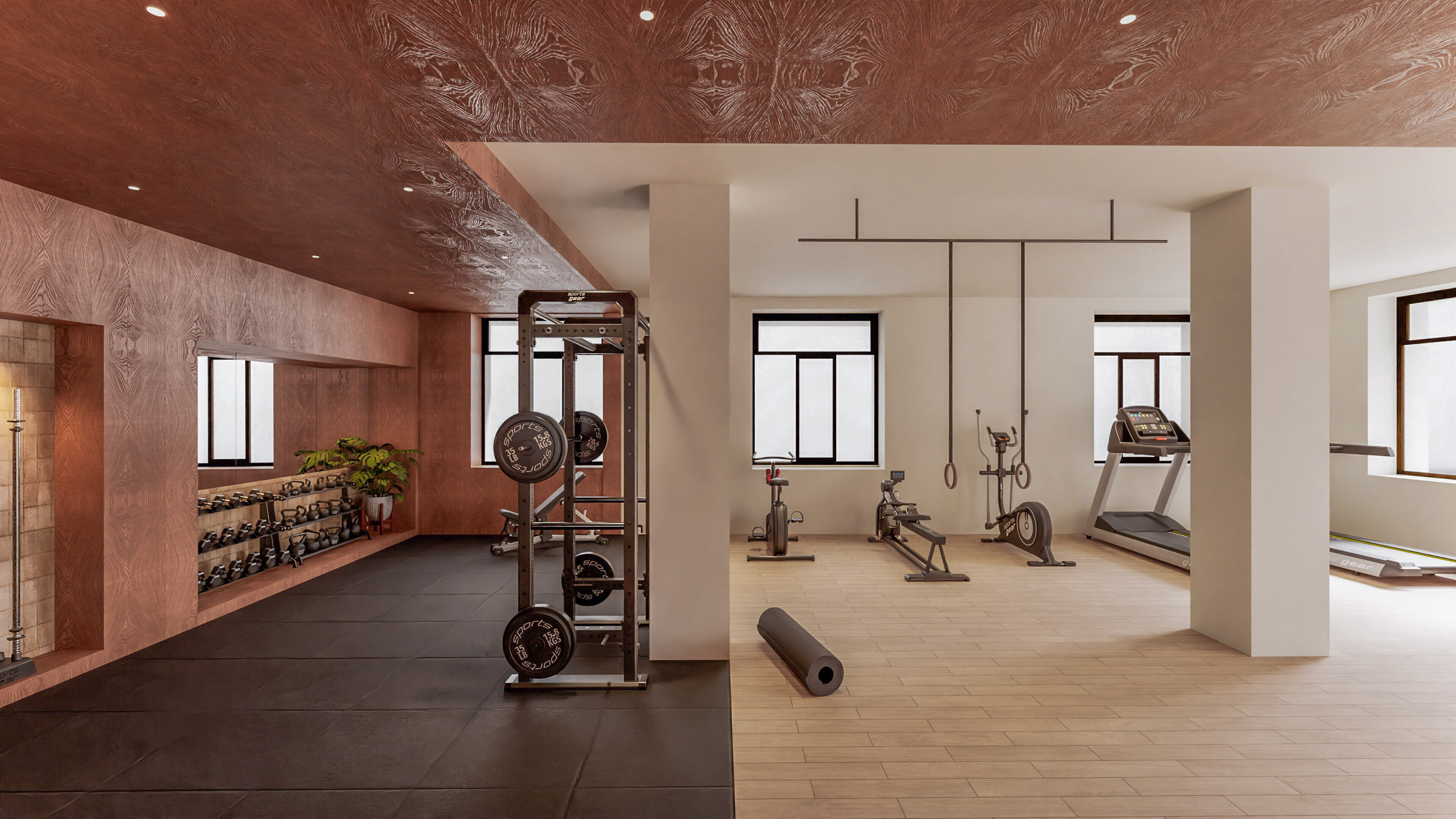 Gimnasio moderno con pesas, máquinas cardiovasculares y zona de entrenamiento funcional.