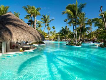 a pool with palm trees and a thatched roof