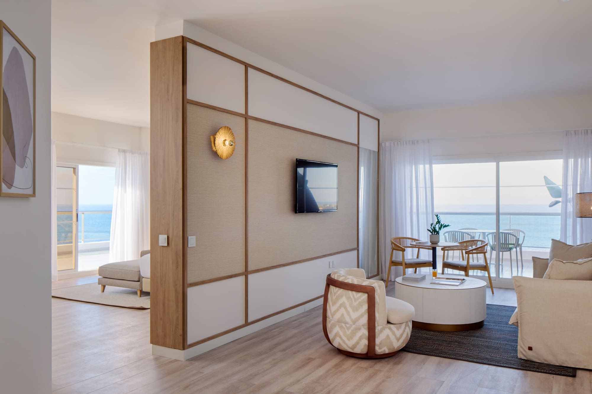 a room with a television and a table