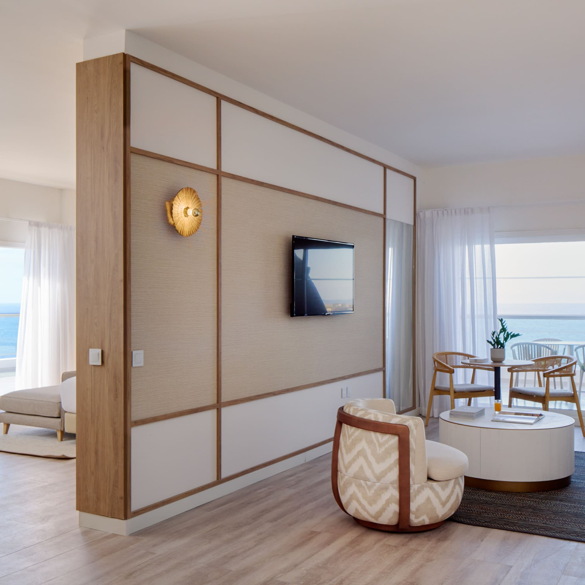 a room with a television and a table