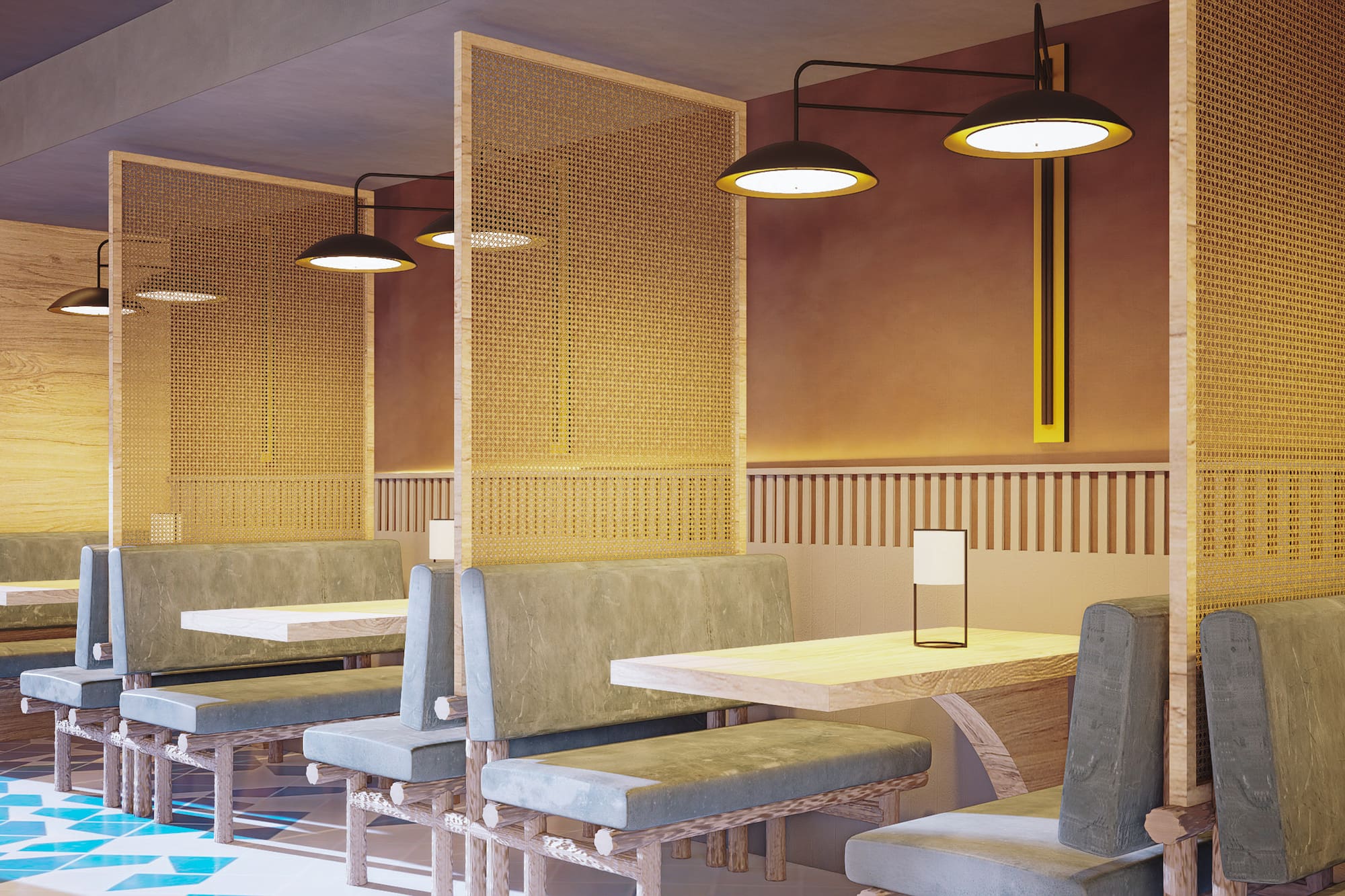 Restaurant dining booths with rattan screens, wood tables, and pendant lamps.