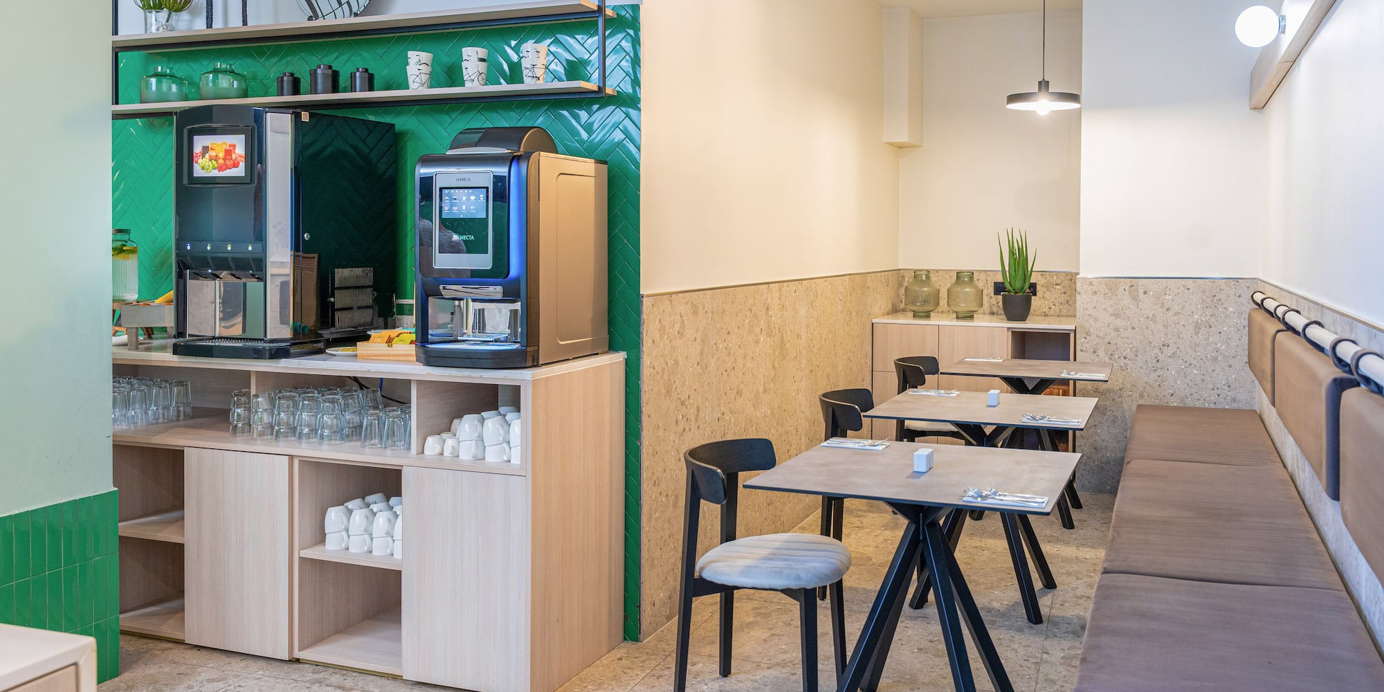 a room with tables and chairs