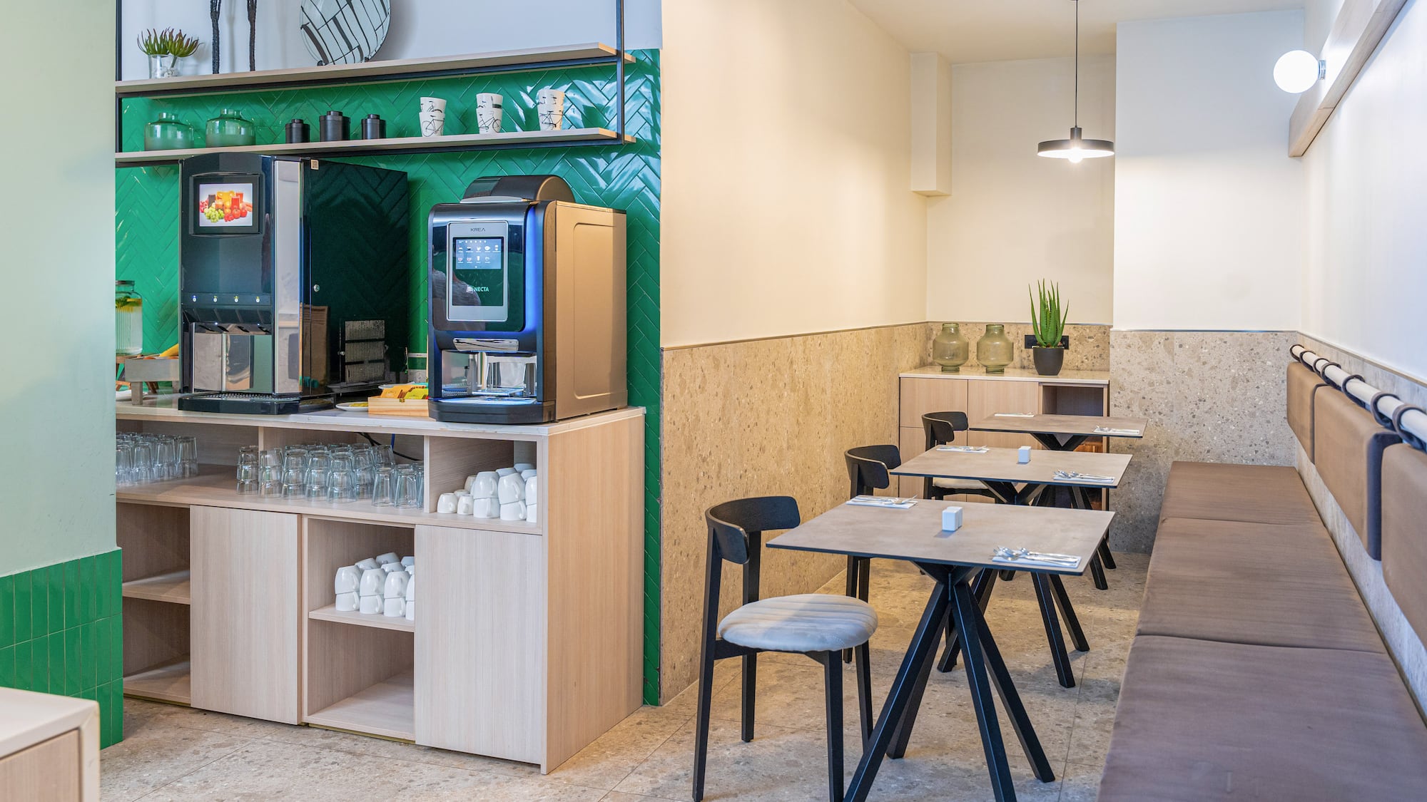 a room with tables and chairs