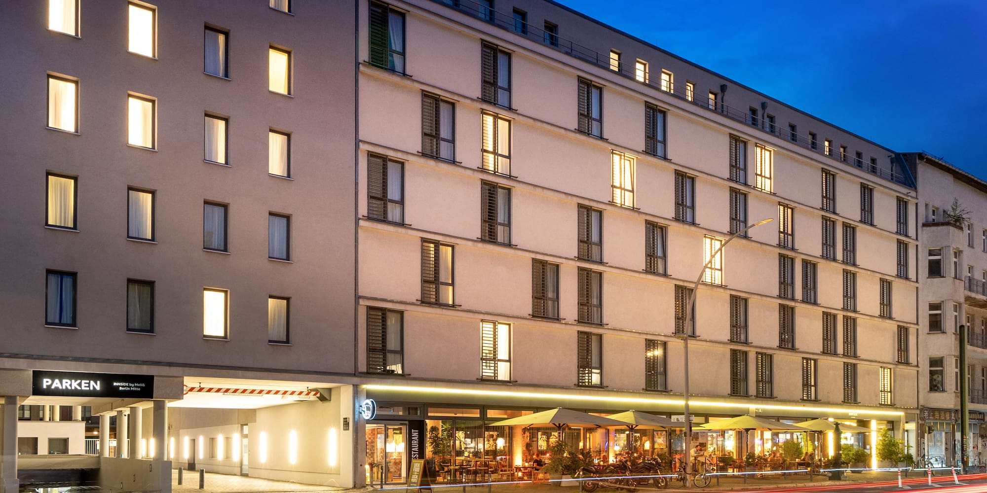 a building with lights on the side