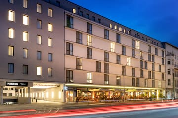 a building with lights on the side