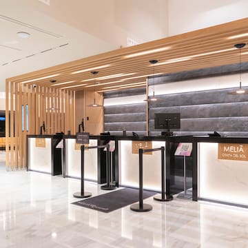 a reception desk in a building