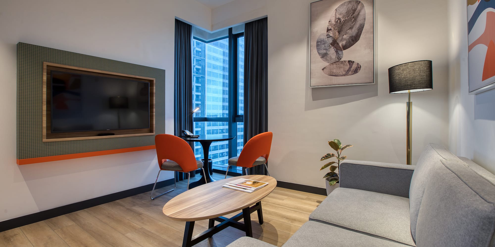 a living room with a couch and a table