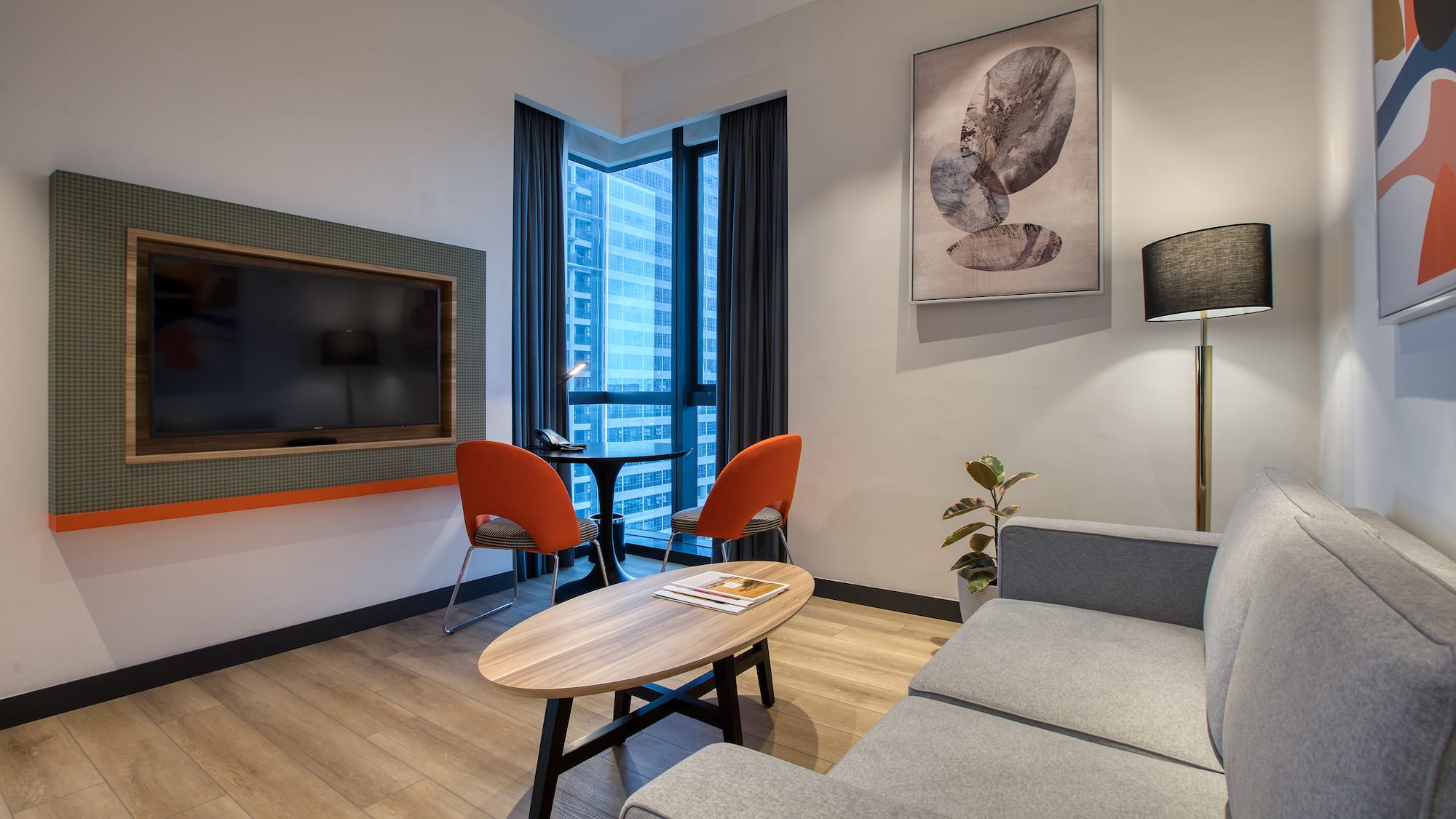 a living room with a couch and a table