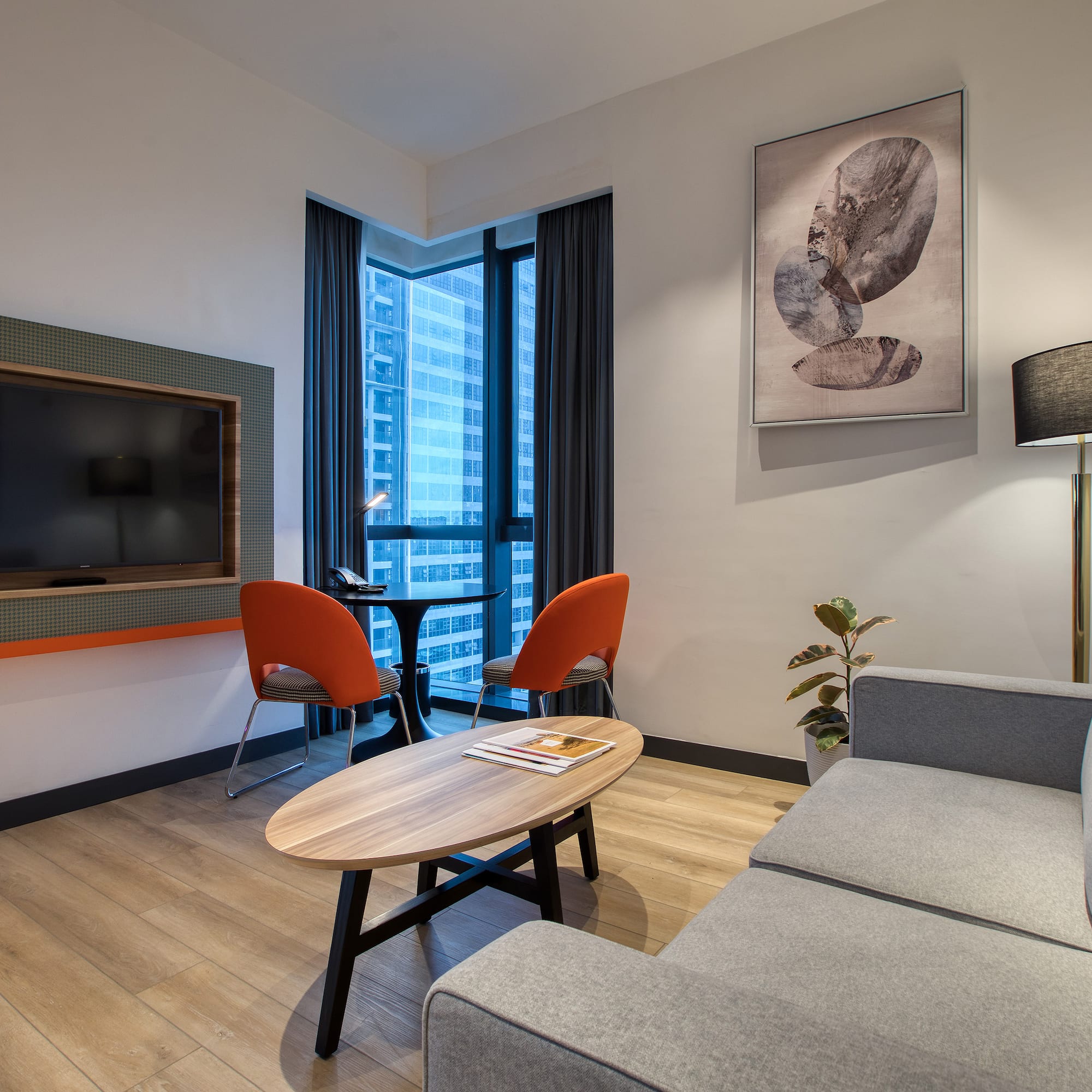 a living room with a couch and a table