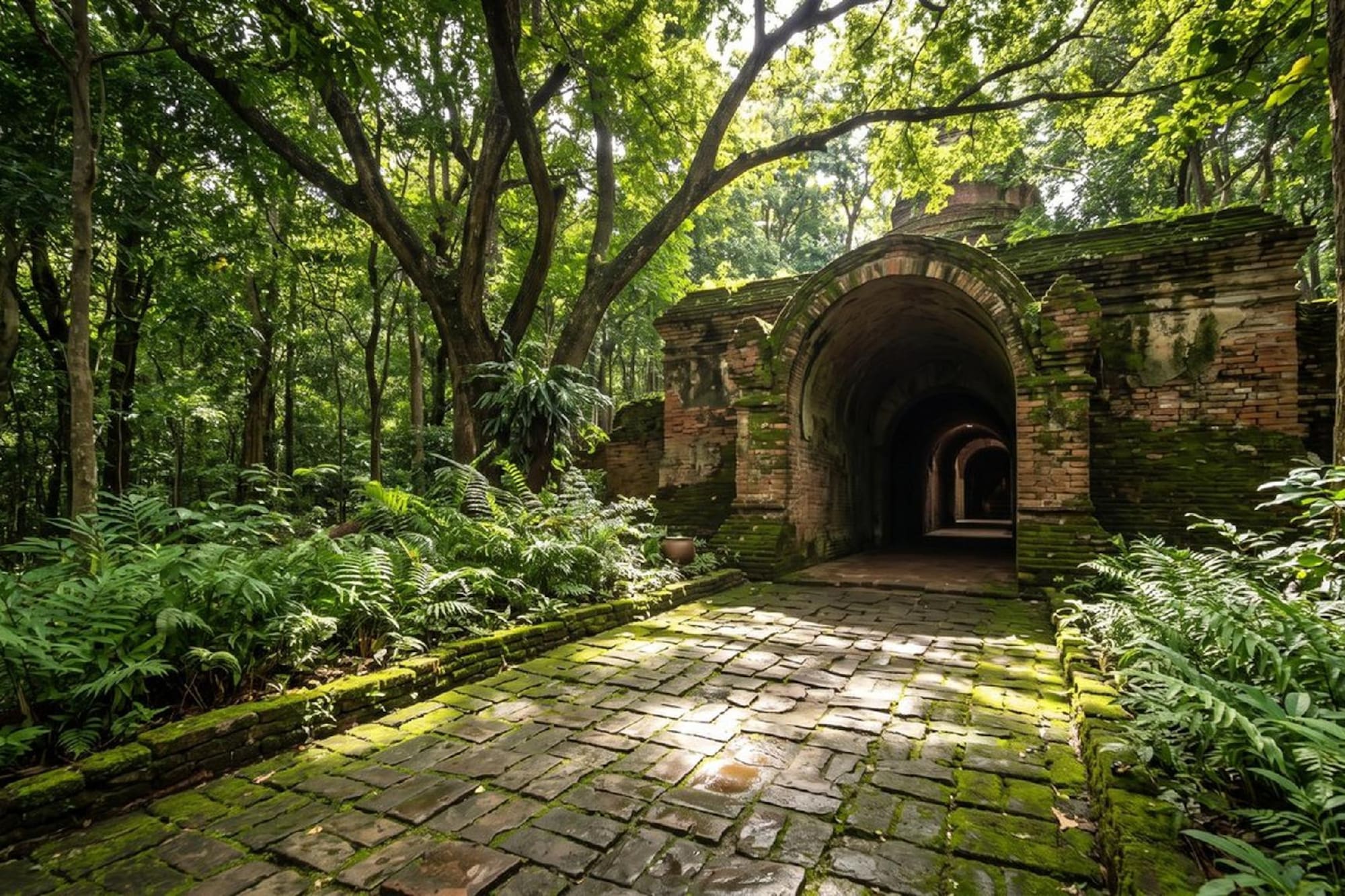 Ancient mossy brick tunnel entrance amidst lush forest, sunlit path.