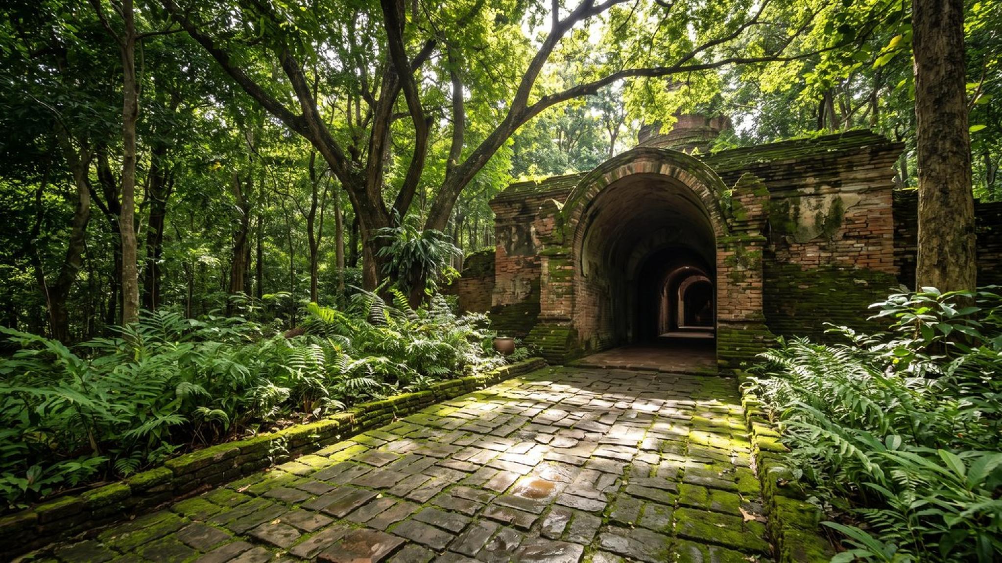 Ancient mossy brick tunnel entrance amidst lush forest, sunlit path.