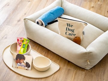 a dog bed with food and a bag on it