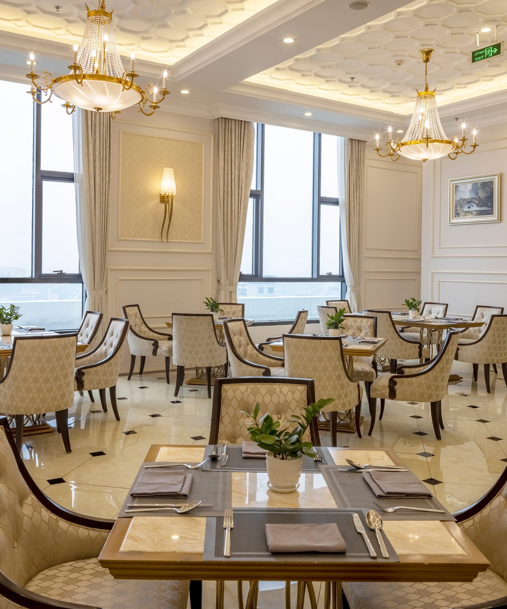 a room with tables and chairs