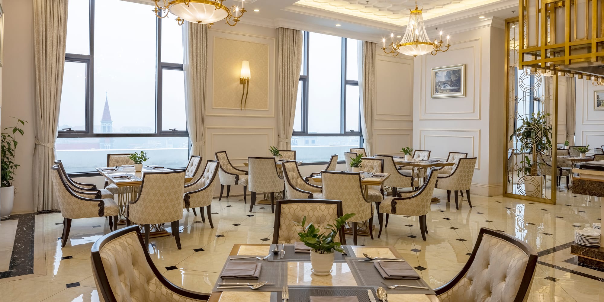 a room with tables and chairs