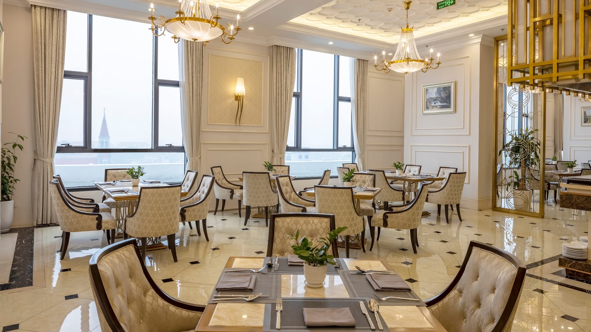 a room with tables and chairs