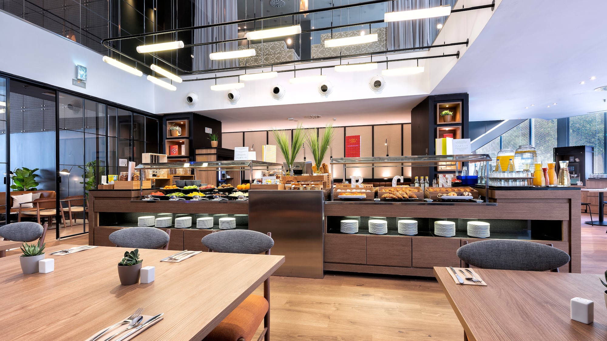 a restaurant with tables and chairs