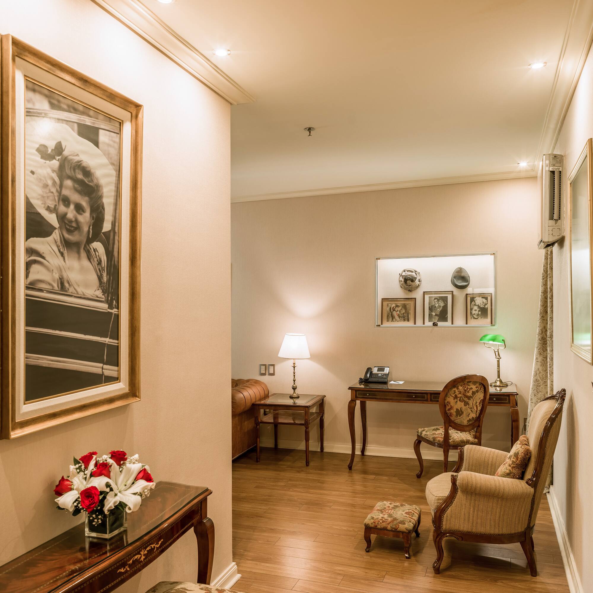 a room with a table and chairs