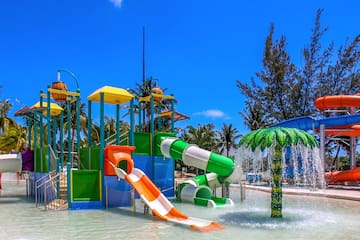 a water park with a slide and a palm tree