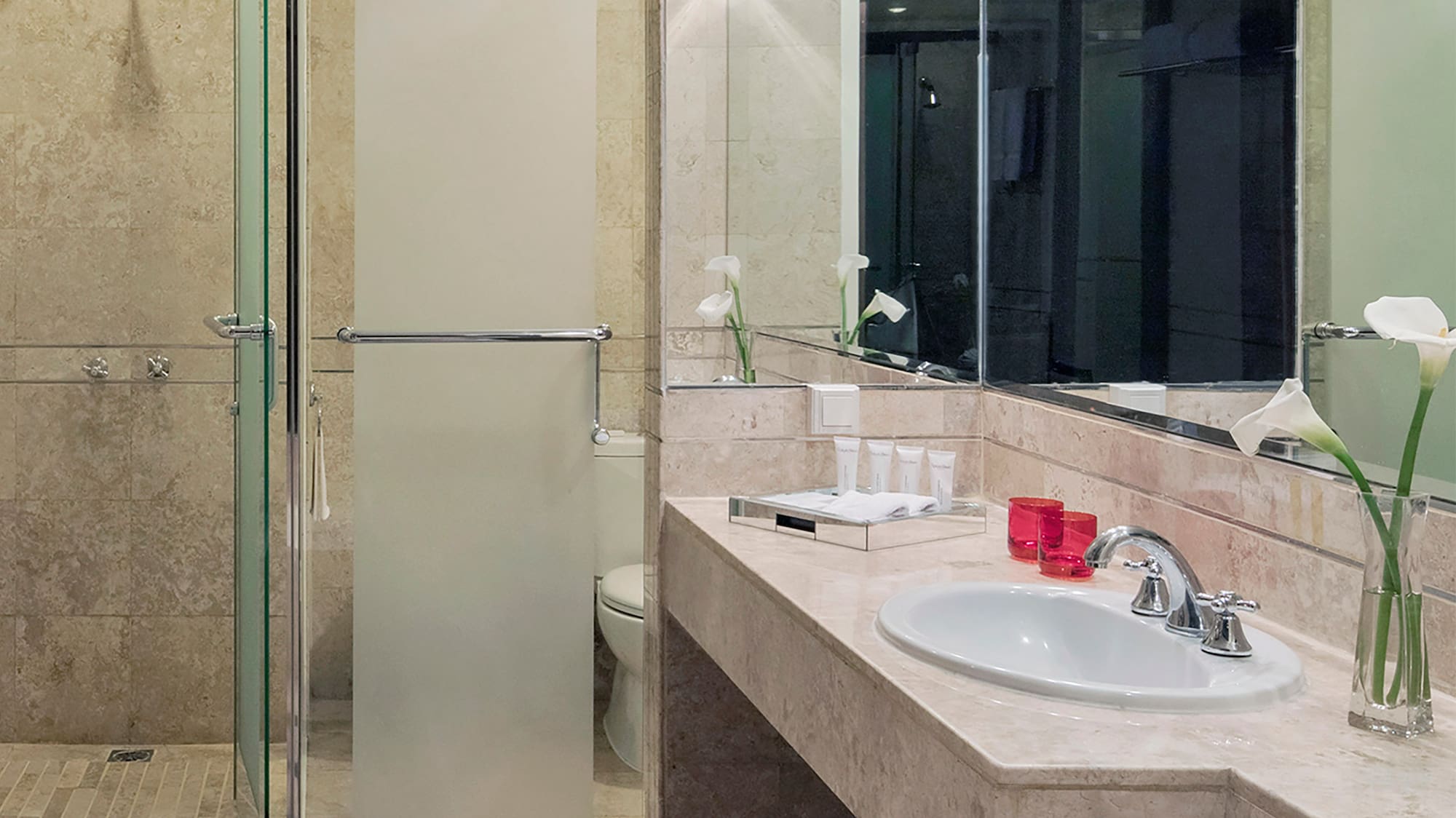 a bathroom with a shower and sink