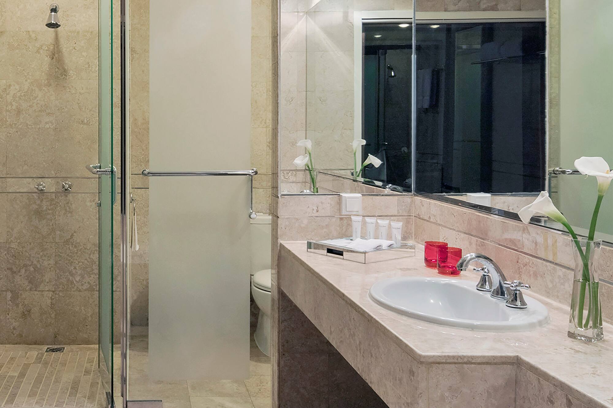 a bathroom with a shower and sink