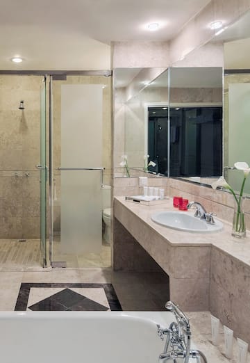 a bathroom with a shower and sink