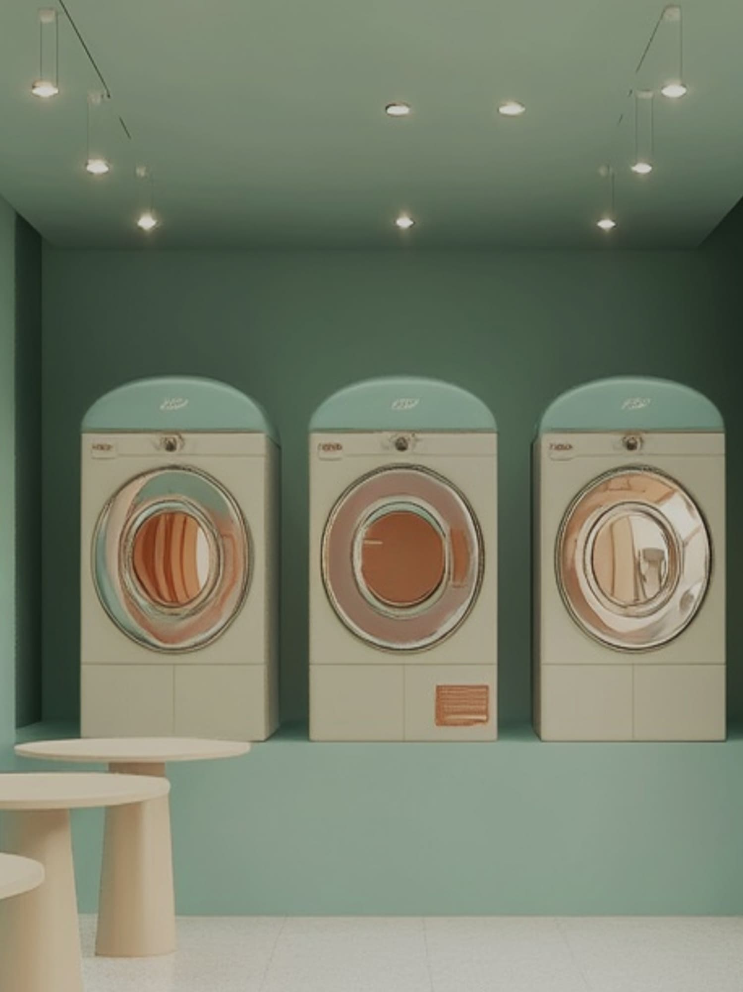 a room with washing machines and tables