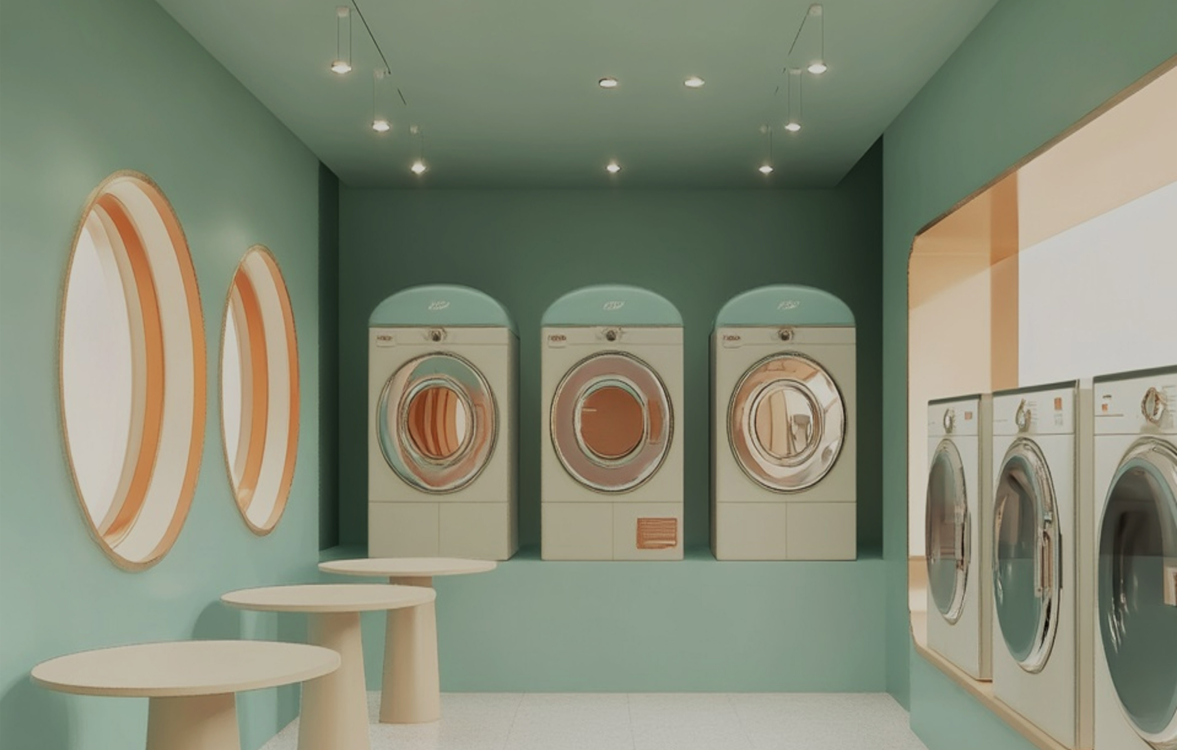a room with washing machines and tables