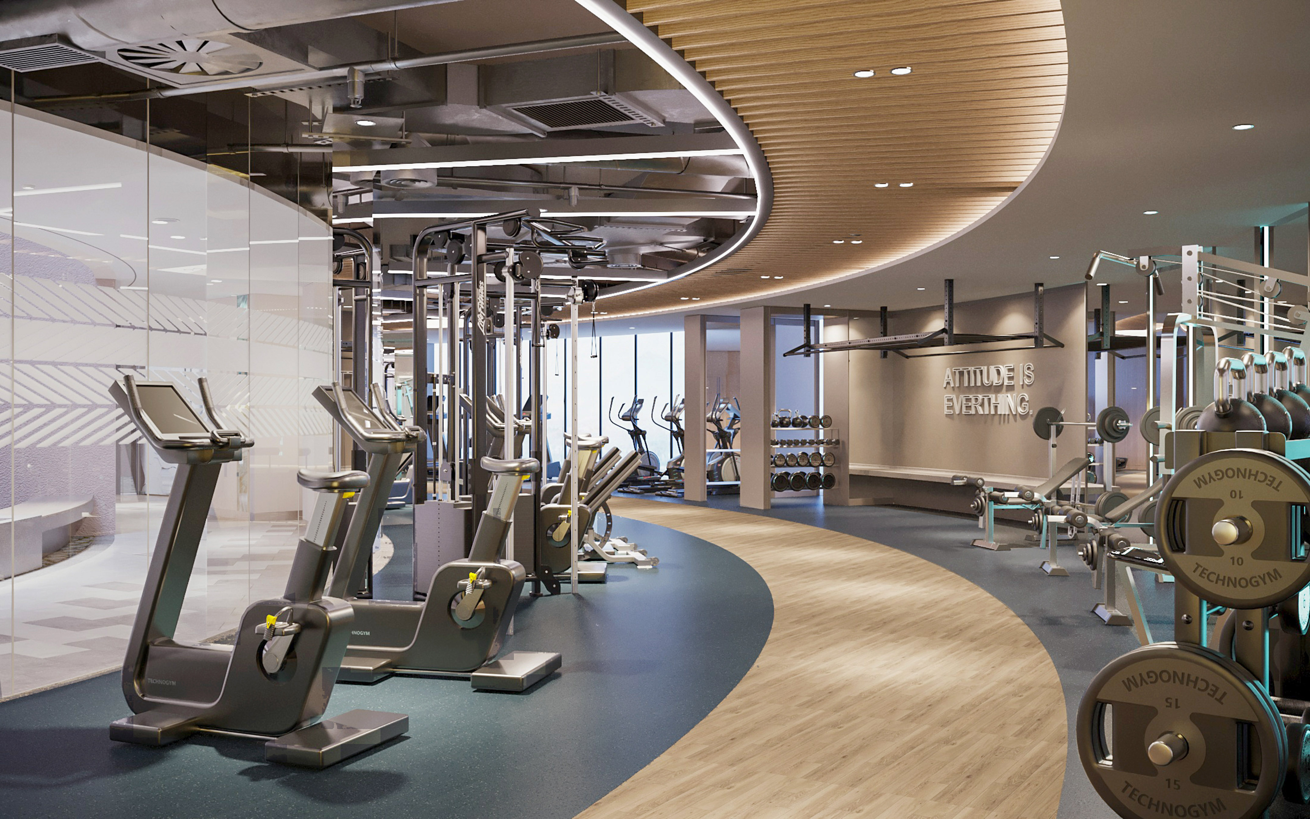 Modern gym with Technogym cardio bikes, weight racks, and fitness equipment.