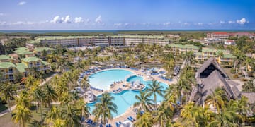 a swimming pool surrounded by palm trees