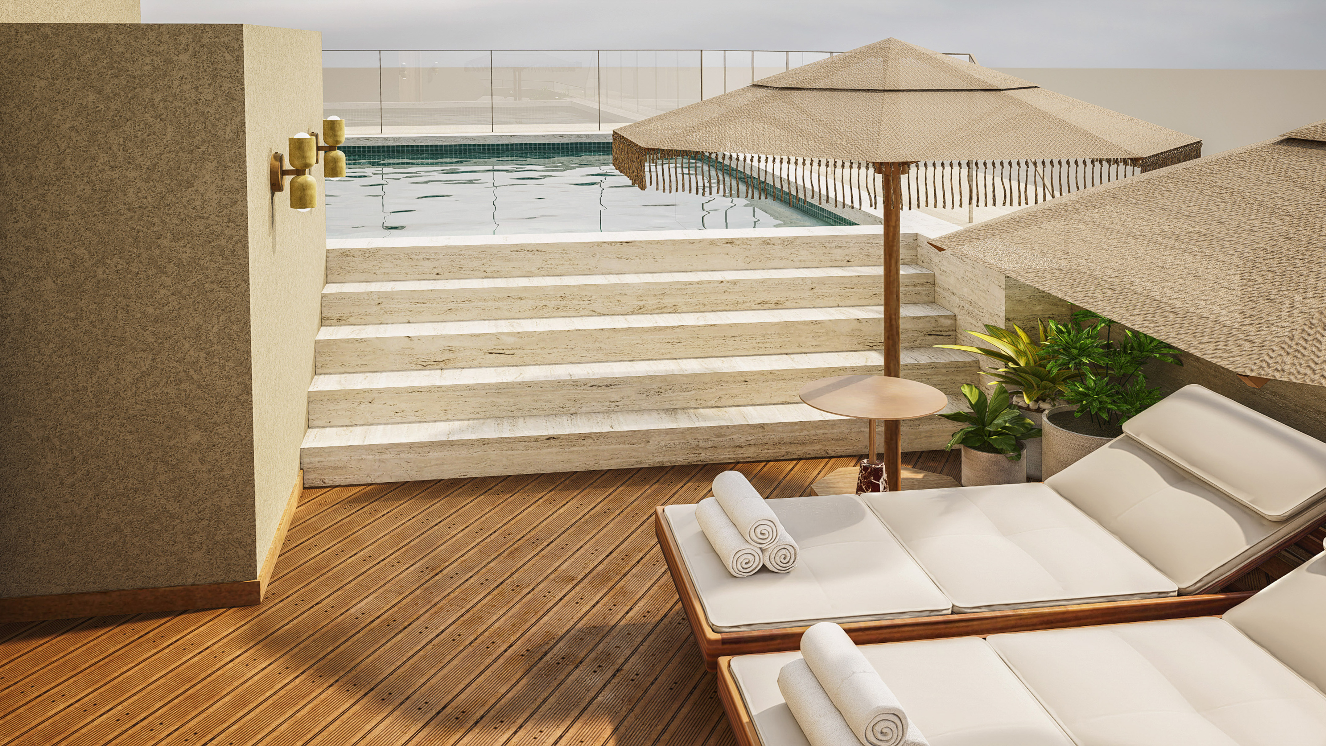 a pool with a deck chair and umbrella