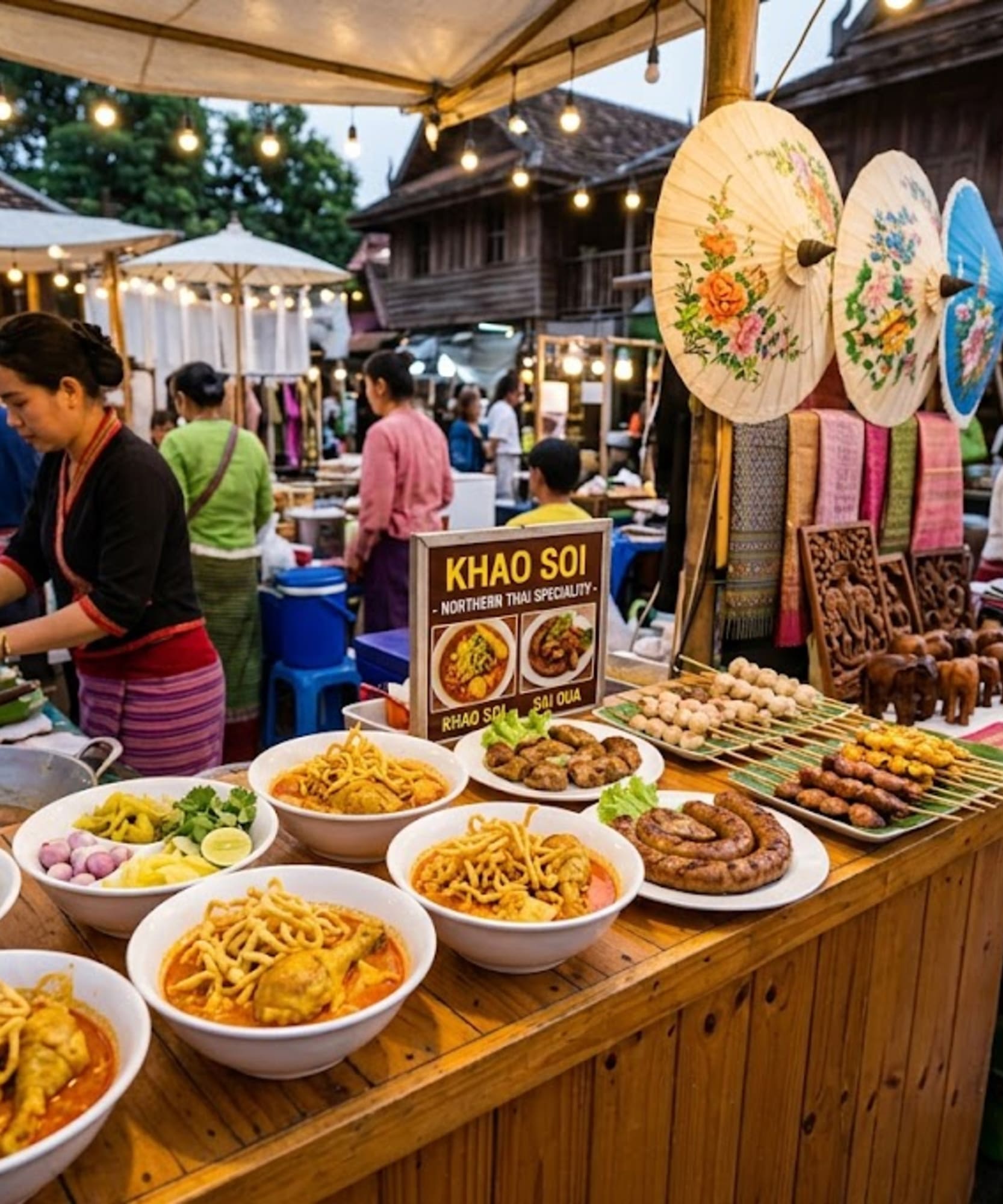 Vibrant Thai night market with Khao Soi bowls, street food, crafts, and string lights.