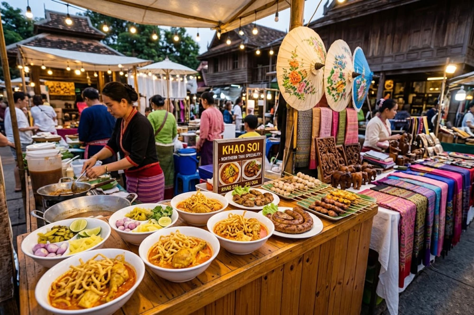 Vibrant Thai night market with Khao Soi bowls, street food, crafts, and string lights.