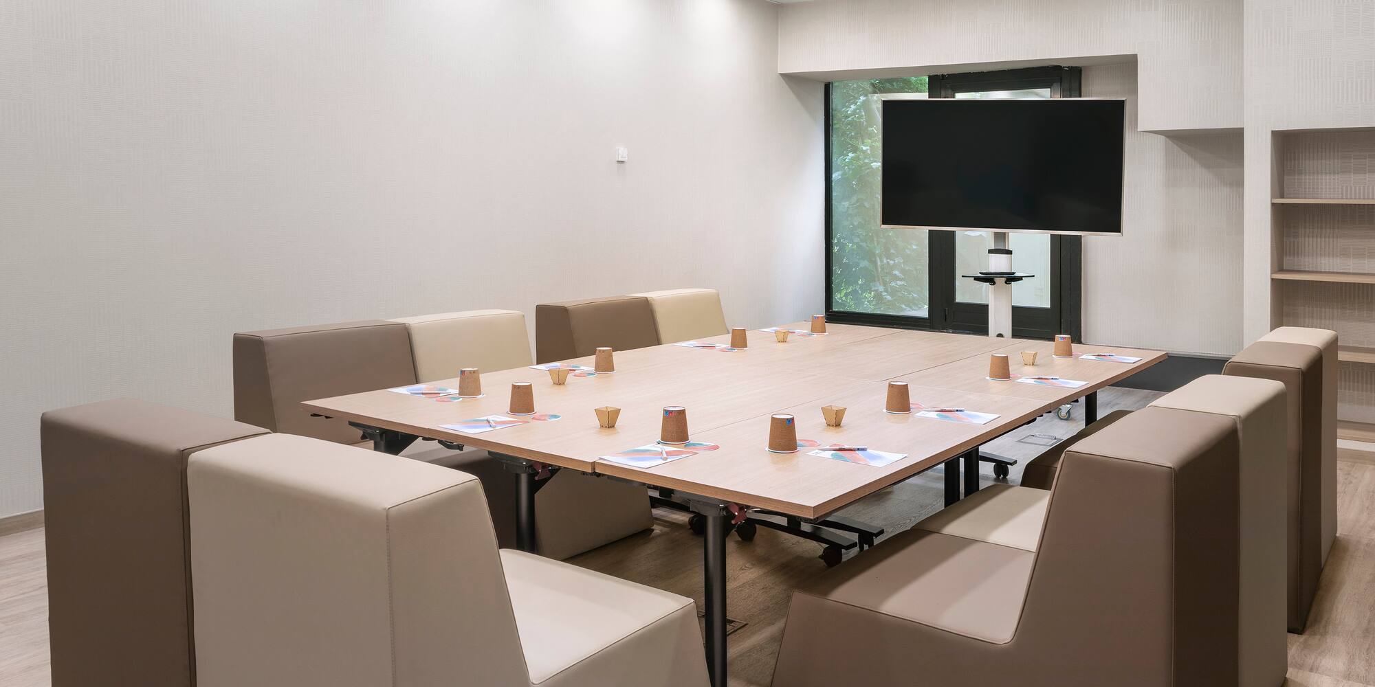 a room with a table and chairs