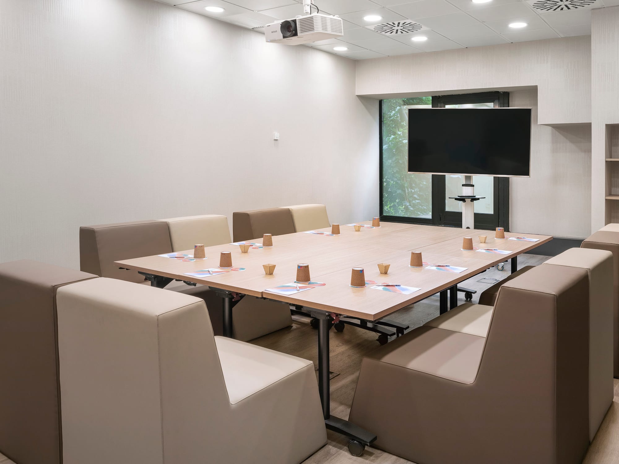 a room with a table and chairs