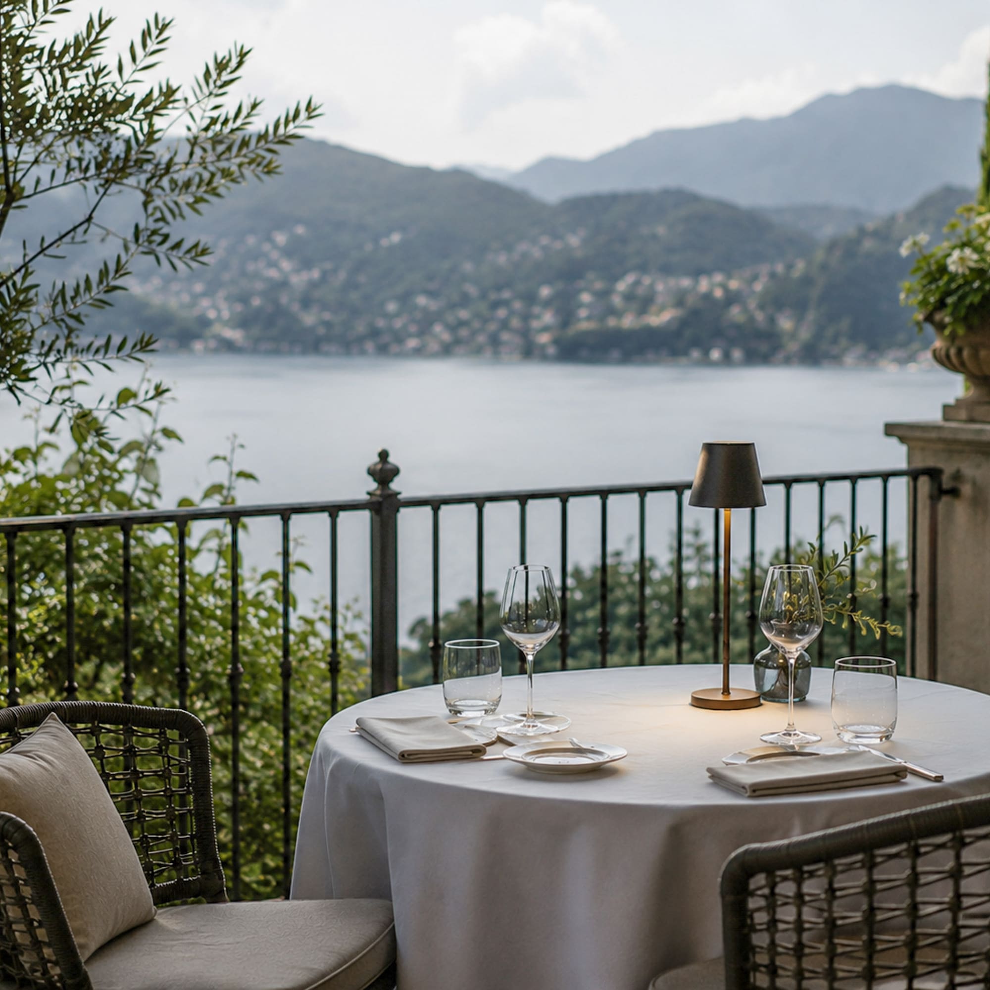 Elegant outdoor dining table on terrace overlooking lake and mountains.