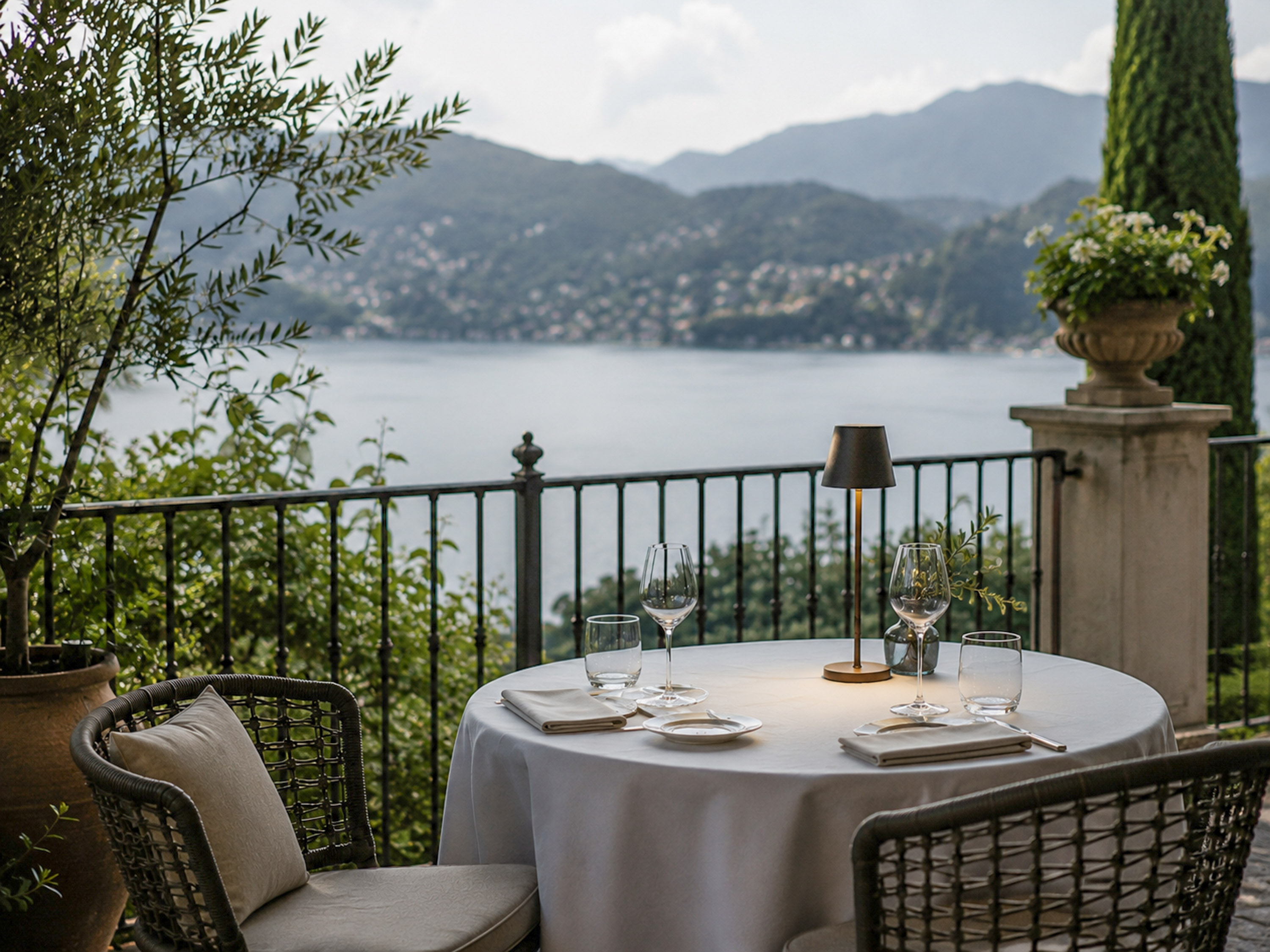 Elegant outdoor dining table on terrace overlooking lake and mountains.