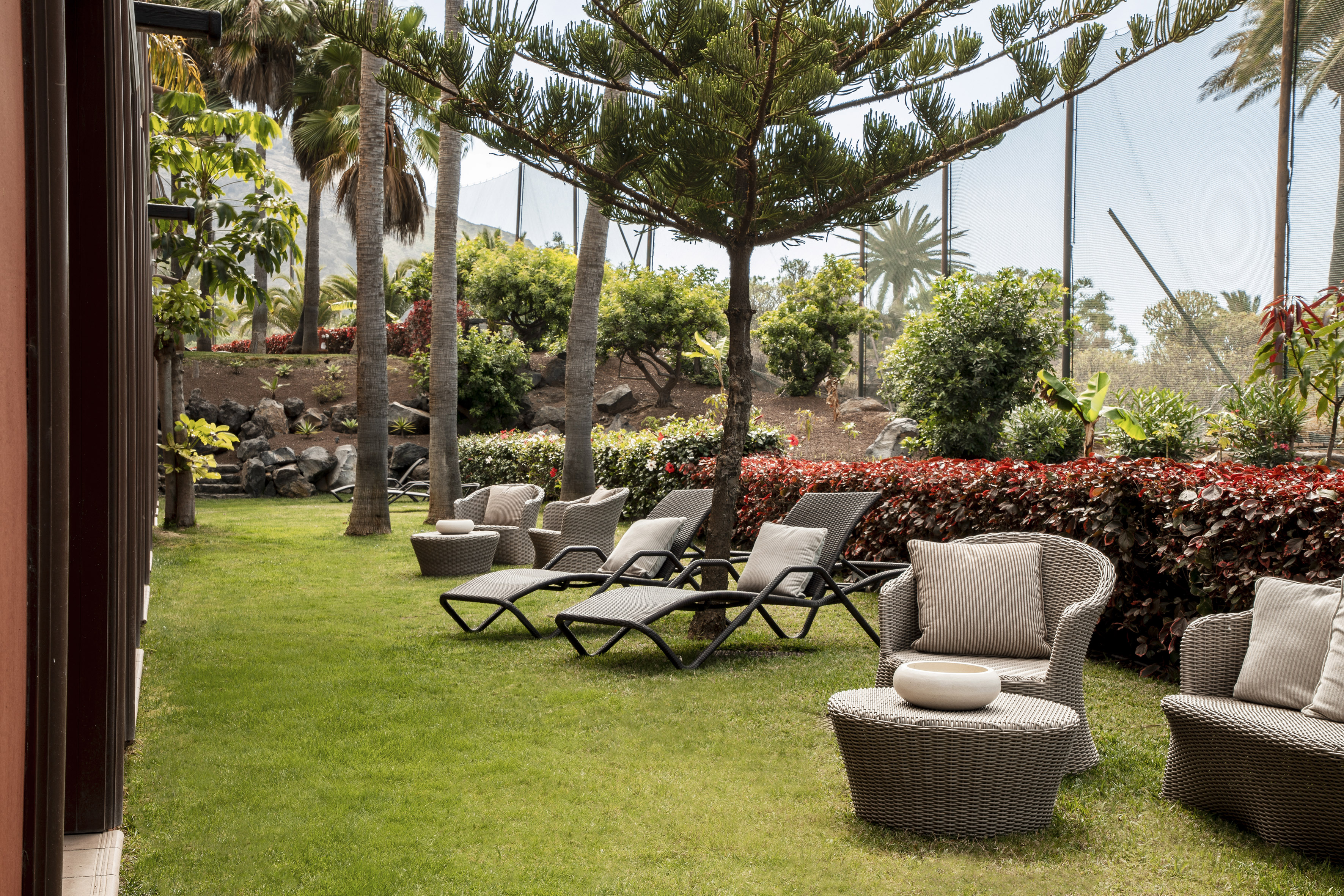 Resort garden lounge area with wicker chairs, palm trees, and lush greenery.