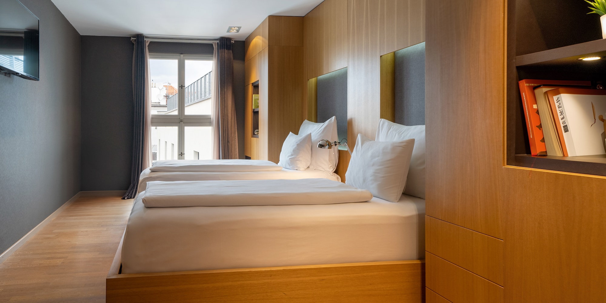 a room with a bed and a closet