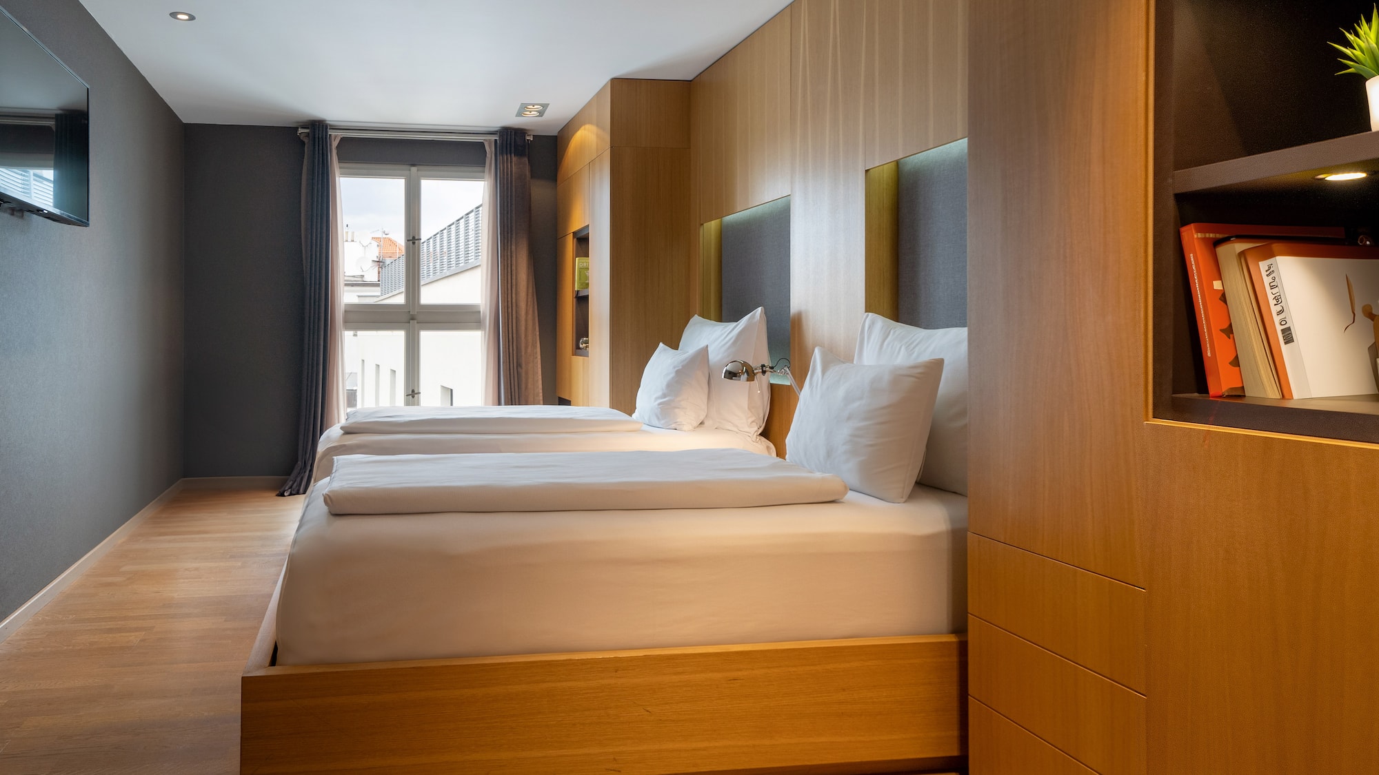 a room with a bed and a closet