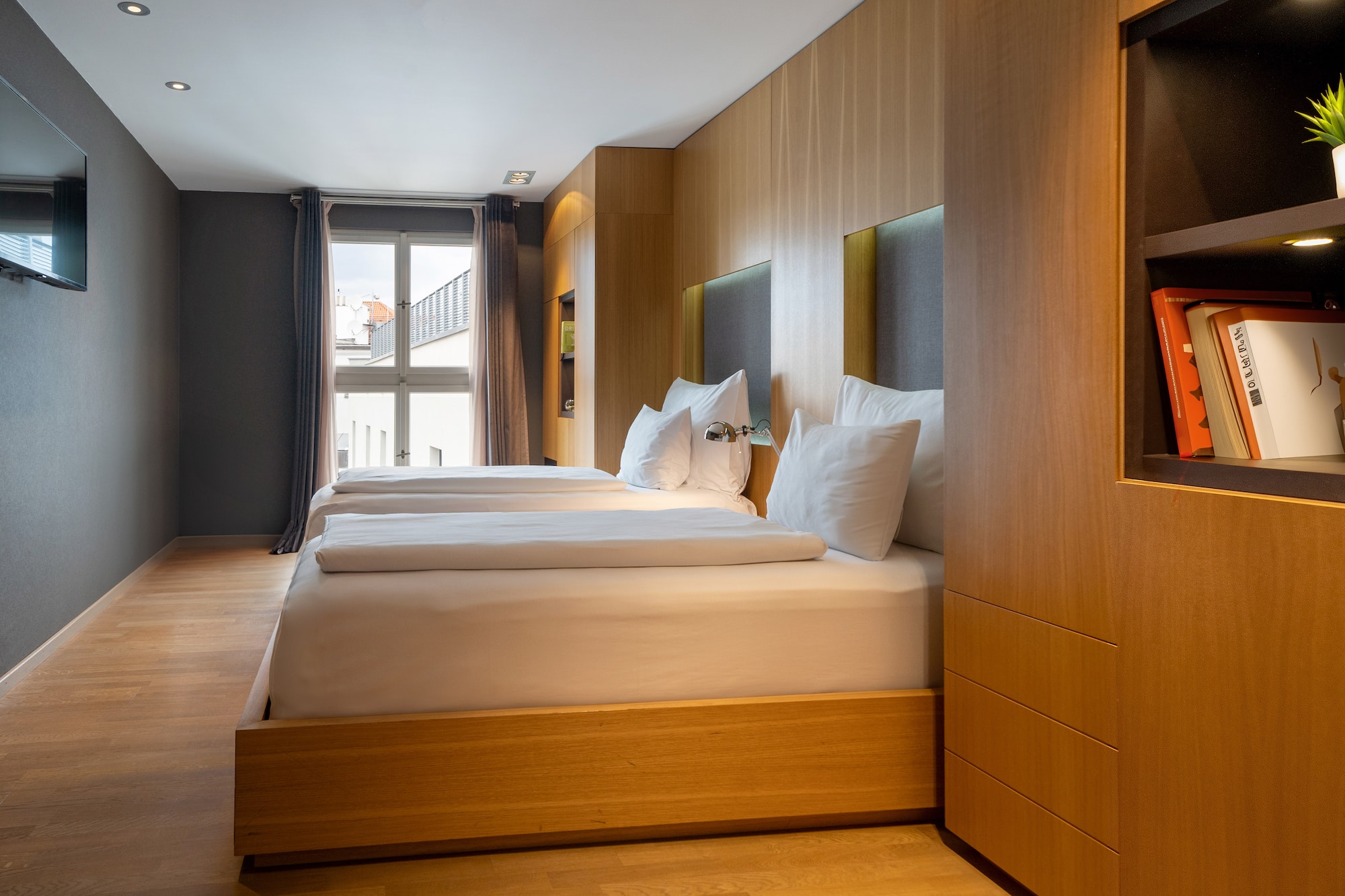 a room with a bed and a closet