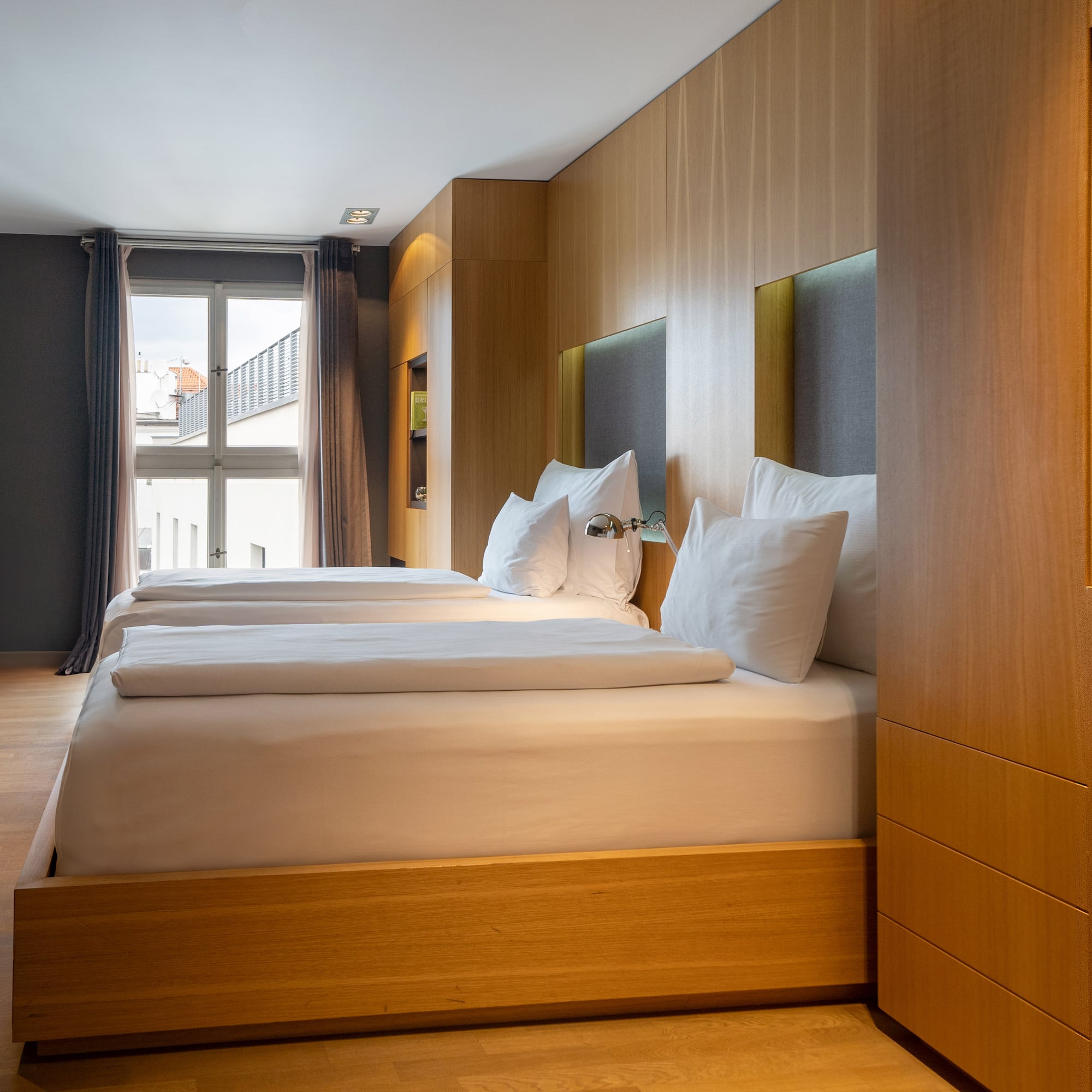 a room with a bed and a closet