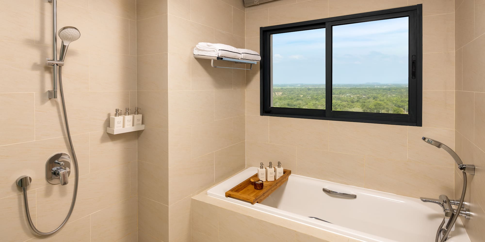 a bathroom with a tub and a window